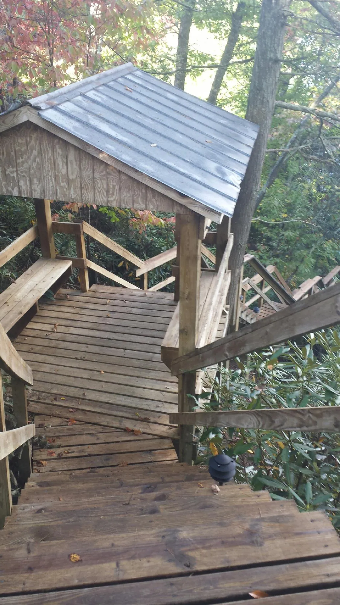 Metal roofed shelter over wooden steps on a wooded walkway — Skylight Repair & Installation work by our crew in Brookings